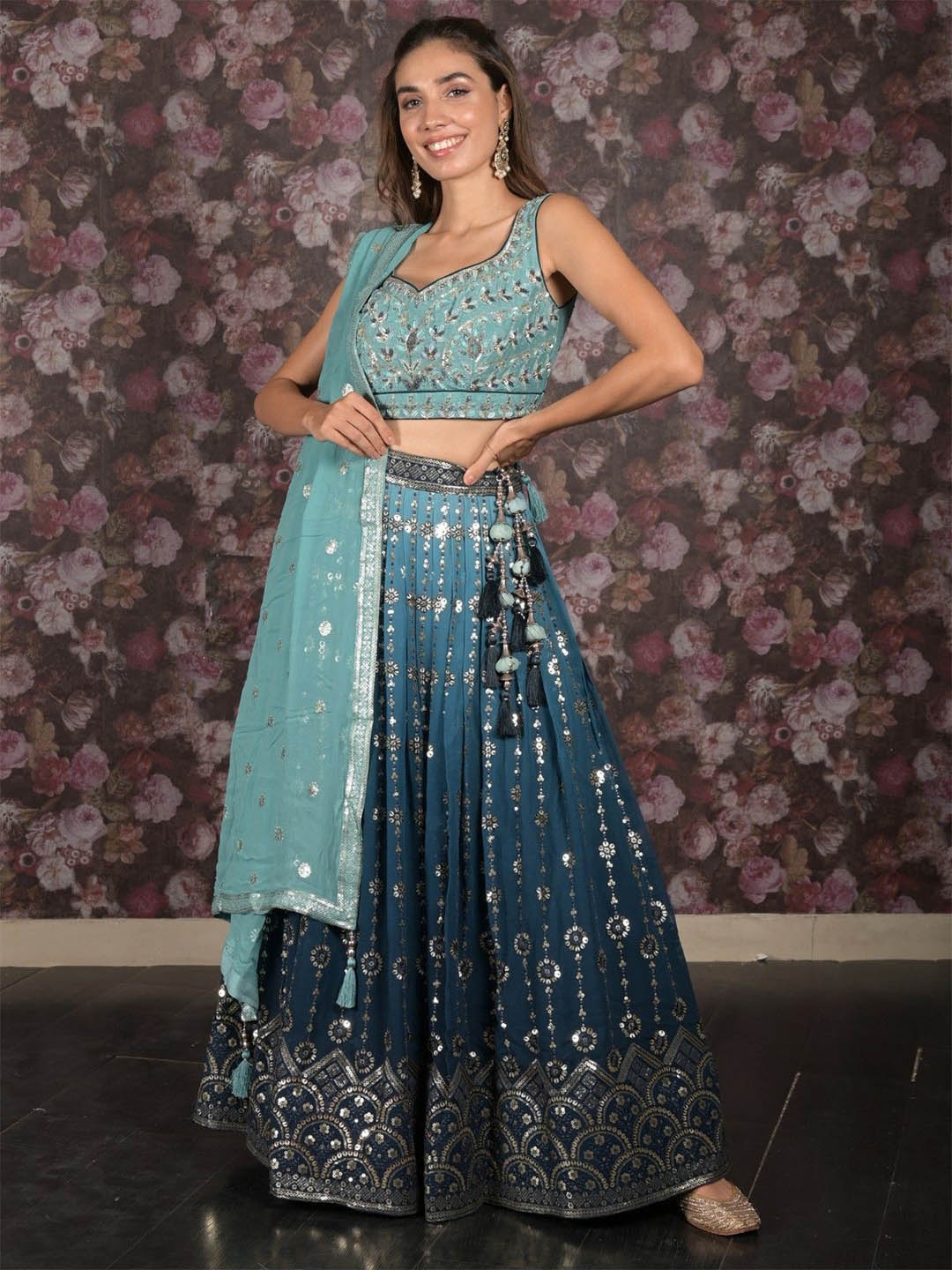 

ODETTE Embroidered Sequinned Ready to Wear Lehenga & Blouse With Dupatta, Teal