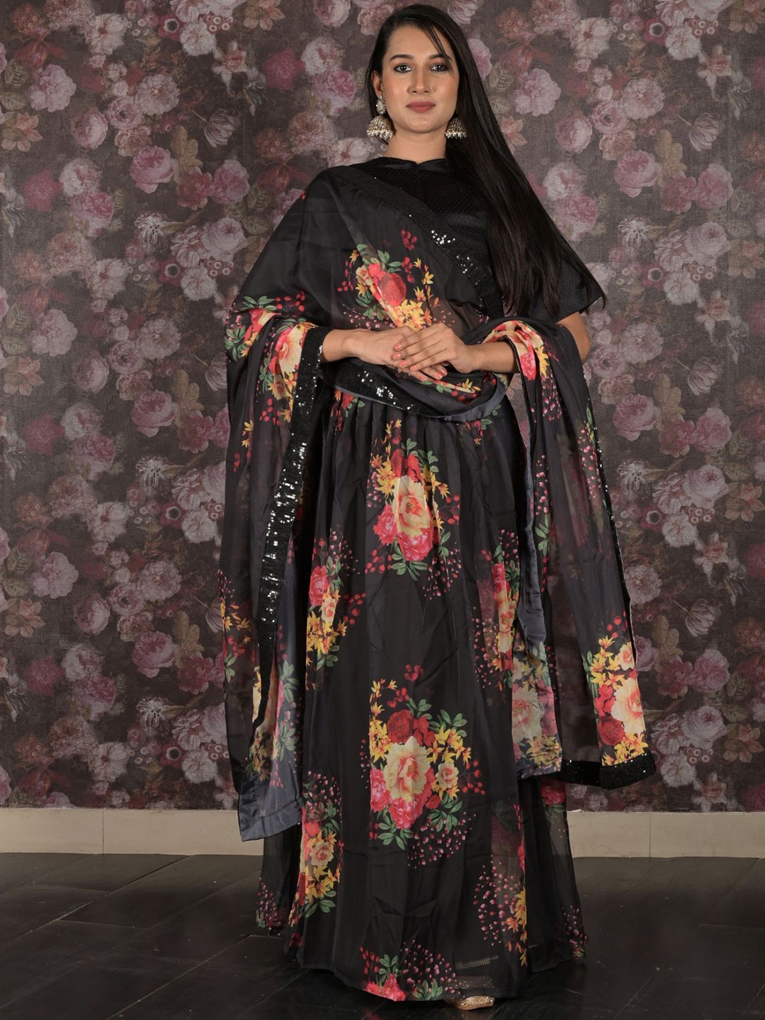 

ODETTE Printed Semi-Stitched Lehenga & Unstitched Blouse With Dupatta, Black