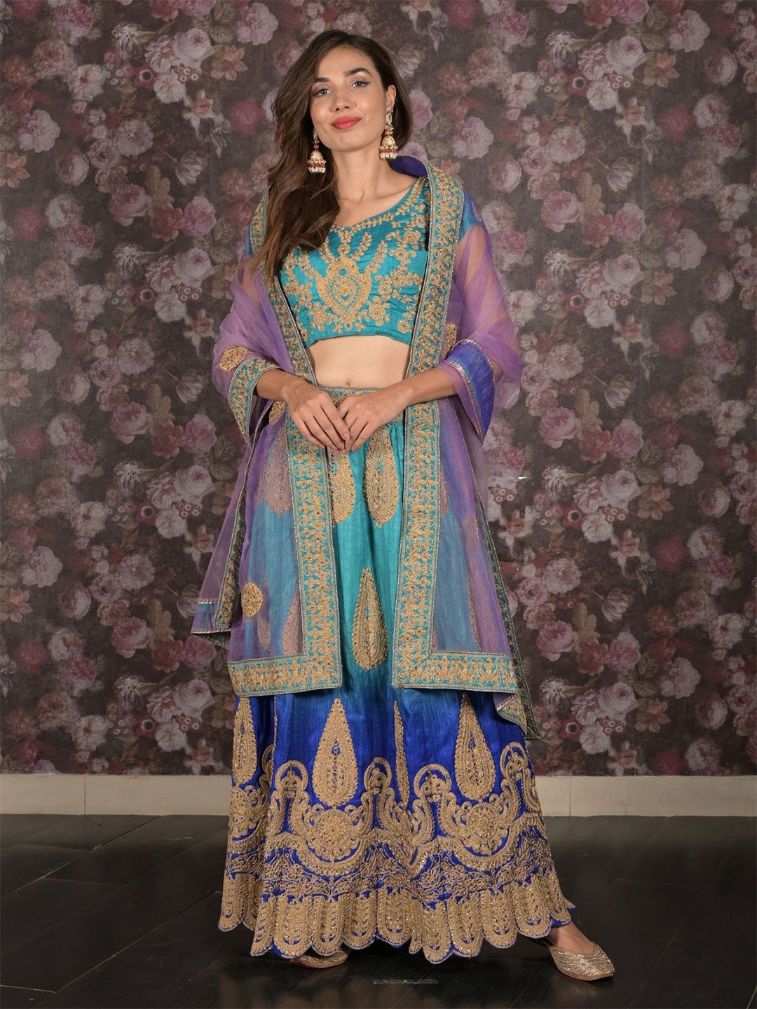 

ODETTE Embroidered Zari Ready to Wear Lehenga & Blouse With Dupatta, Blue