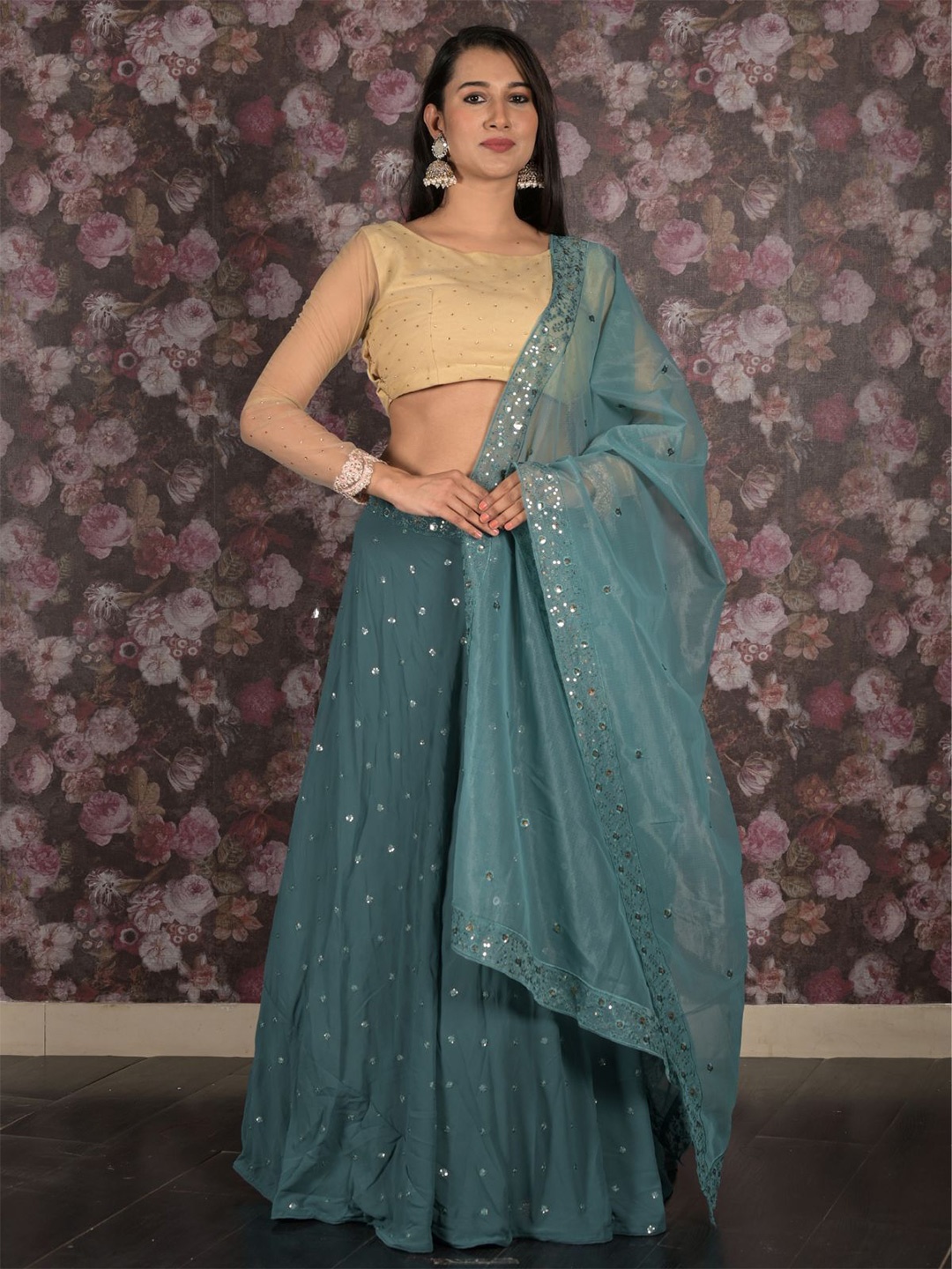 

ODETTE Printed Sequinned Semi-Stitched Lehenga & Unstitched Blouse With Dupatta, Teal