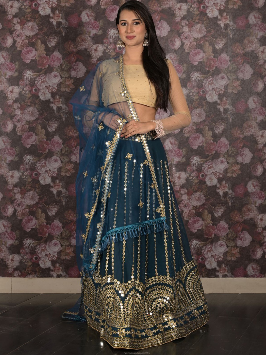 

ODETTE Embellished Mirror Work Semi-Stitched Lehenga & Unstitched Blouse With Dupatta, Teal