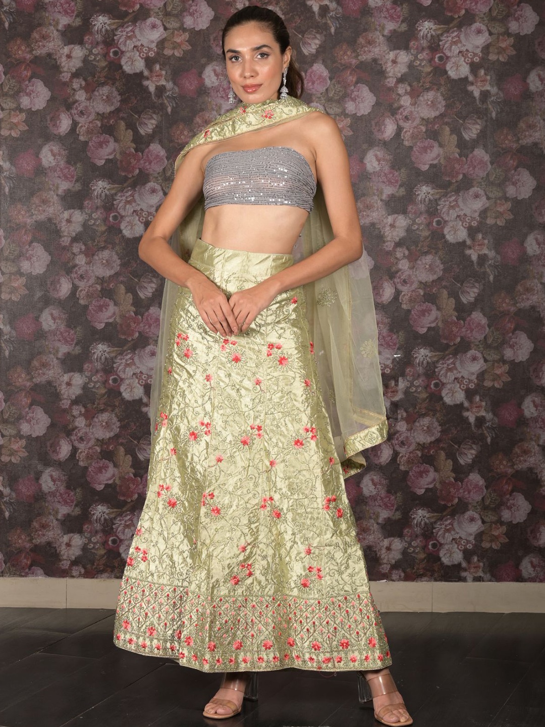 

ODETTE Embellished Sequinned Semi-Stitched Lehenga & Unstitched Blouse With Dupatta, Lime green