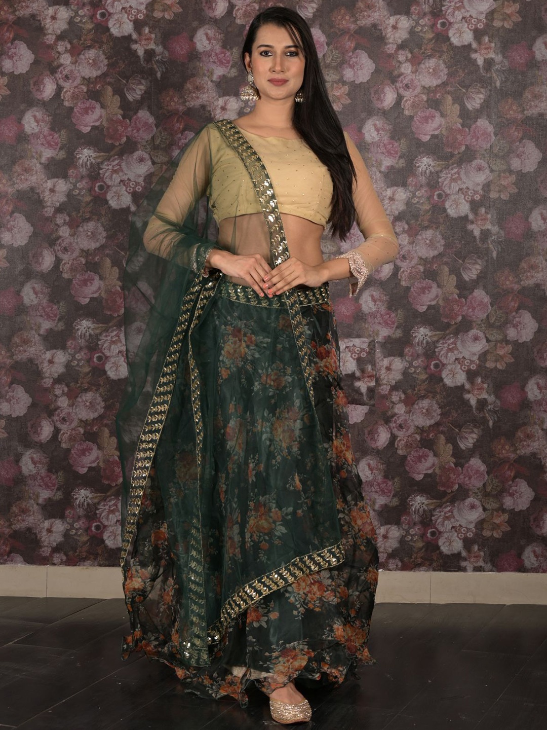 

ODETTE Printed Sequinned Ready to Wear Lehenga & Unstitched Blouse With Dupatta, Green