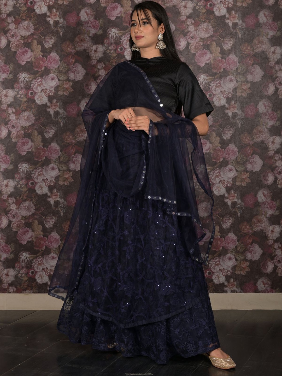 

ODETTE Embroidered Sequinned Semi-Stitched Net Lehenga & Unstitched Blouse With Dupatta, Navy blue