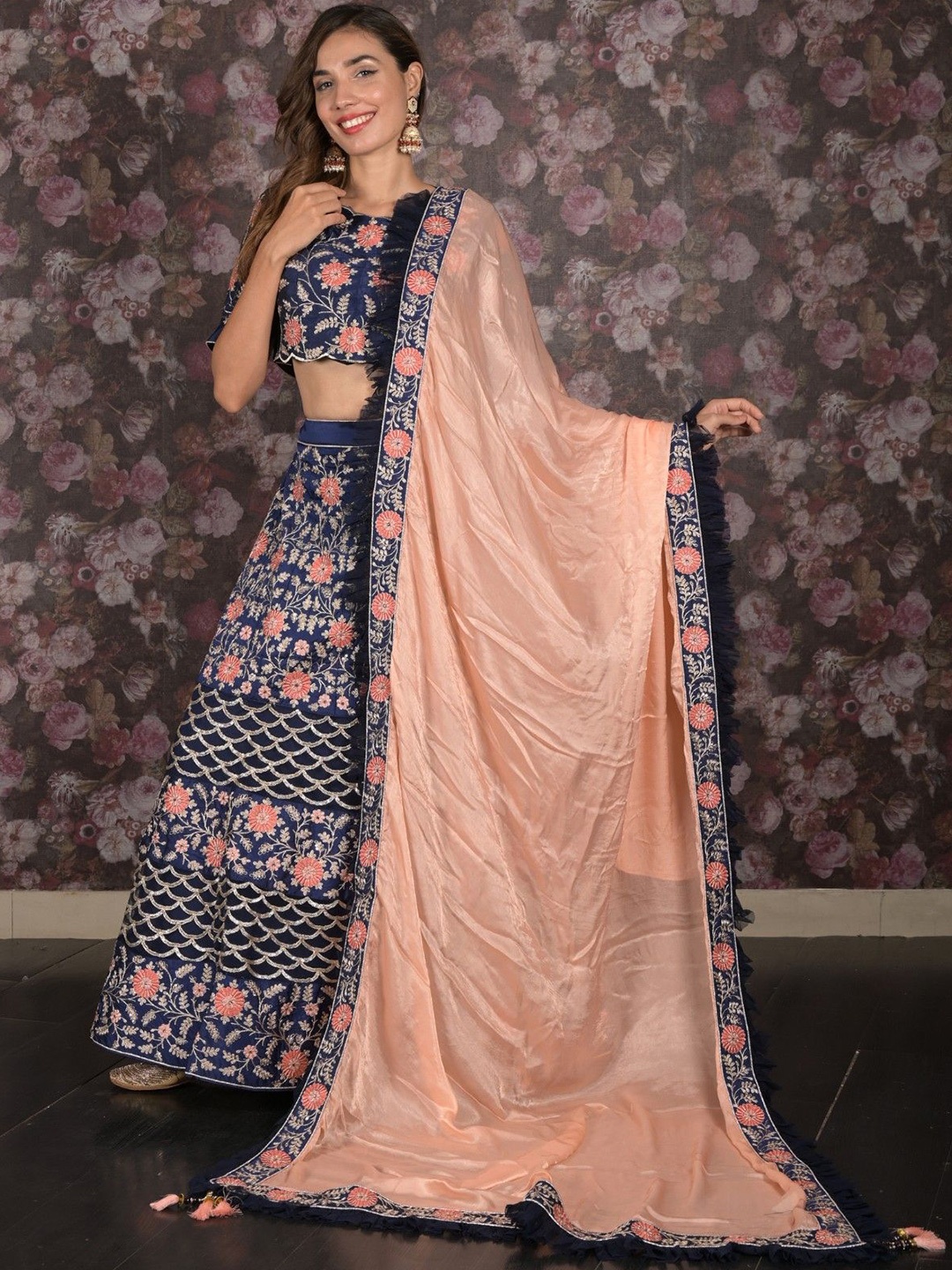 

ODETTE Embroidered Semi-Stitched Lehenga & Ready to Wear Blouse With Dupatta, Blue