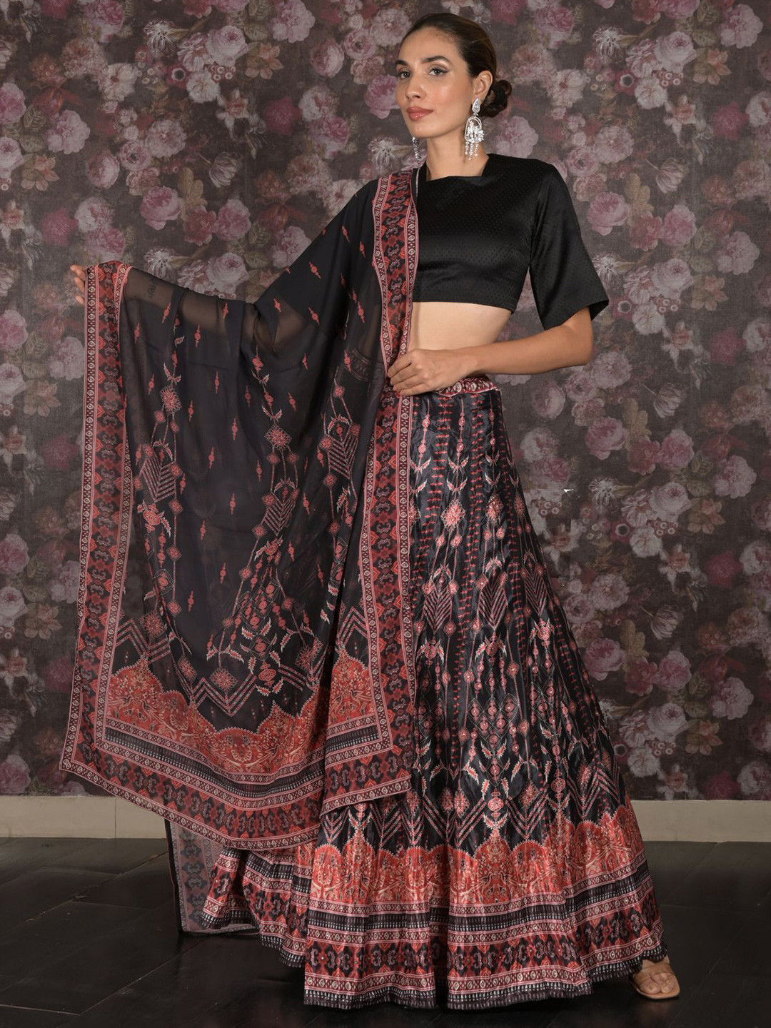 

ODETTE Printed Semi-Stitched Lehenga & Unstitched Blouse With Dupatta, Black