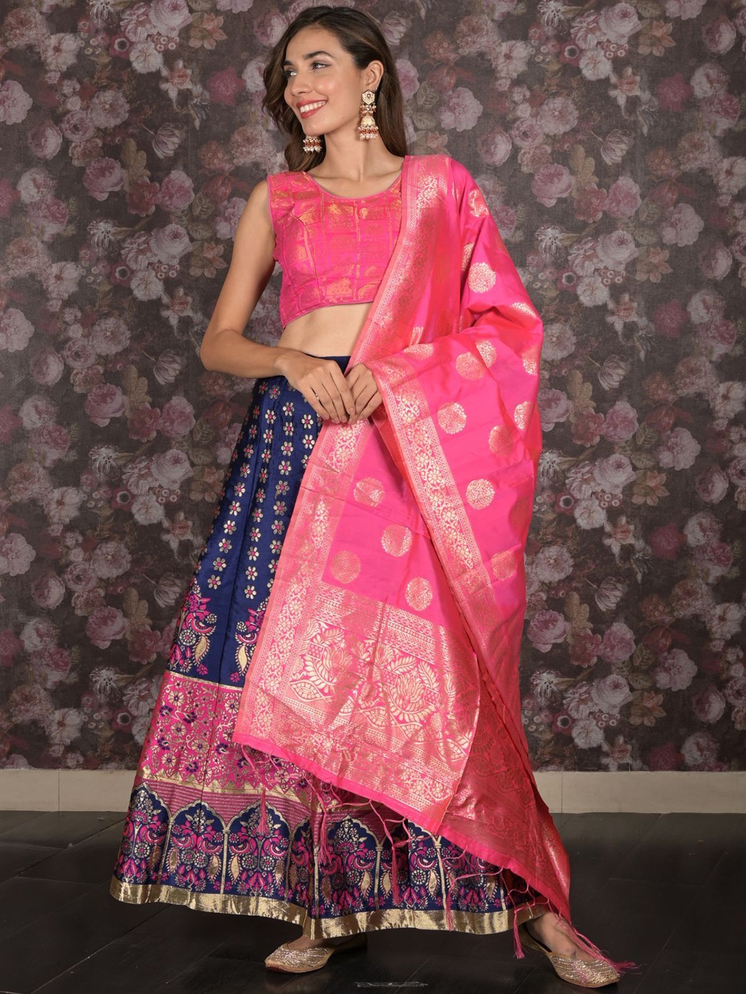 

ODETTE Woven Designed Semi-Stitched Lehenga & Unstitched Blouse With Dupatta, Navy blue