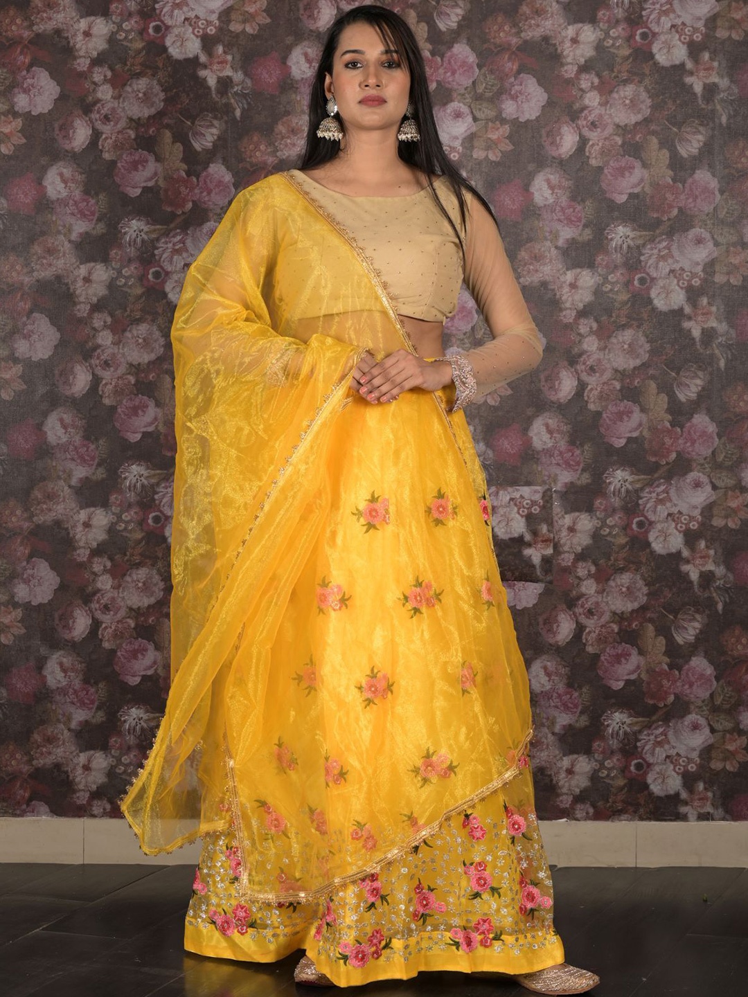 

ODETTE Embroidered Semi-Stitched Lehenga & Unstitched Blouse With Dupatta, Yellow