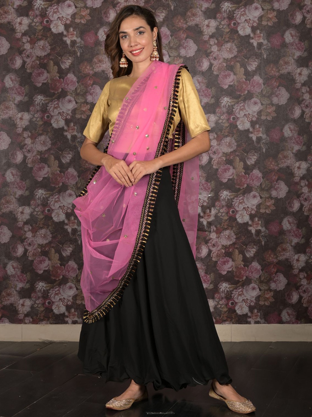 

ODETTE Embellished Thread Work Ready to Wear Lehenga & Unstitched Blouse With Dupatta, Black