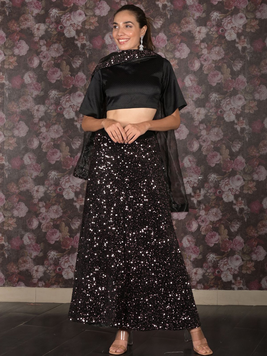 

ODETTE Embellished Sequinned Ready to Wear Lehenga & Unstitched Blouse With Dupatta, Black