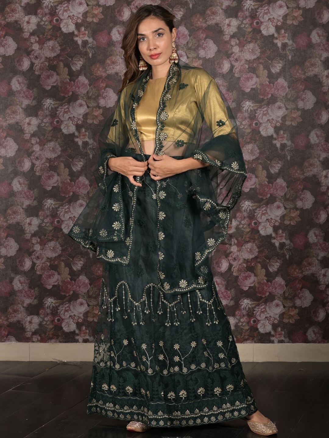 

ODETTE Embroidered Thread Work Semi-Stitched Lehenga & Unstitched Blouse With Dupatta, Green