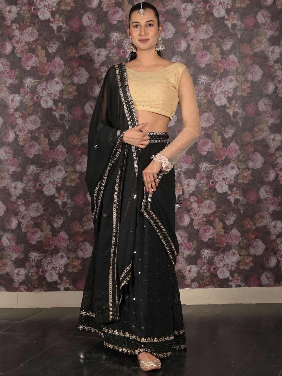 

ODETTE Embroidered Mirror Work Semi-Stitched Lehenga & Unstitched Blouse With Dupatta, Black
