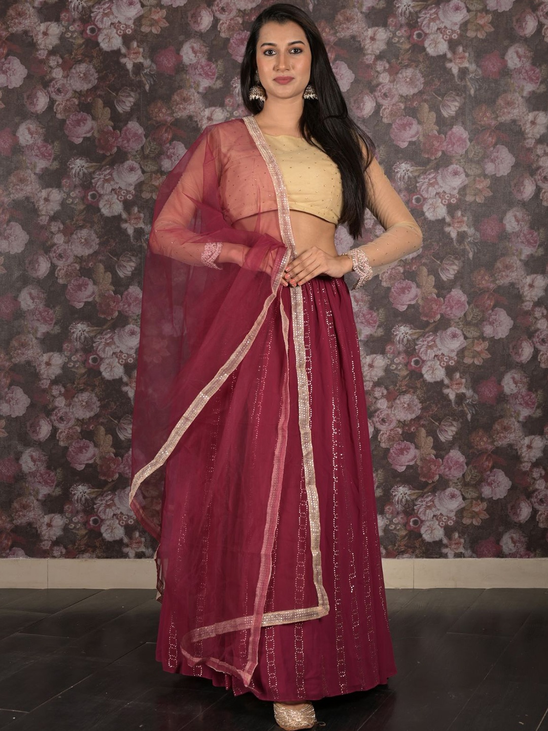 

ODETTE Embellished Beads and Stones Semi-Stitched Lehenga & Unstitched Blouse With Dupatta, Maroon