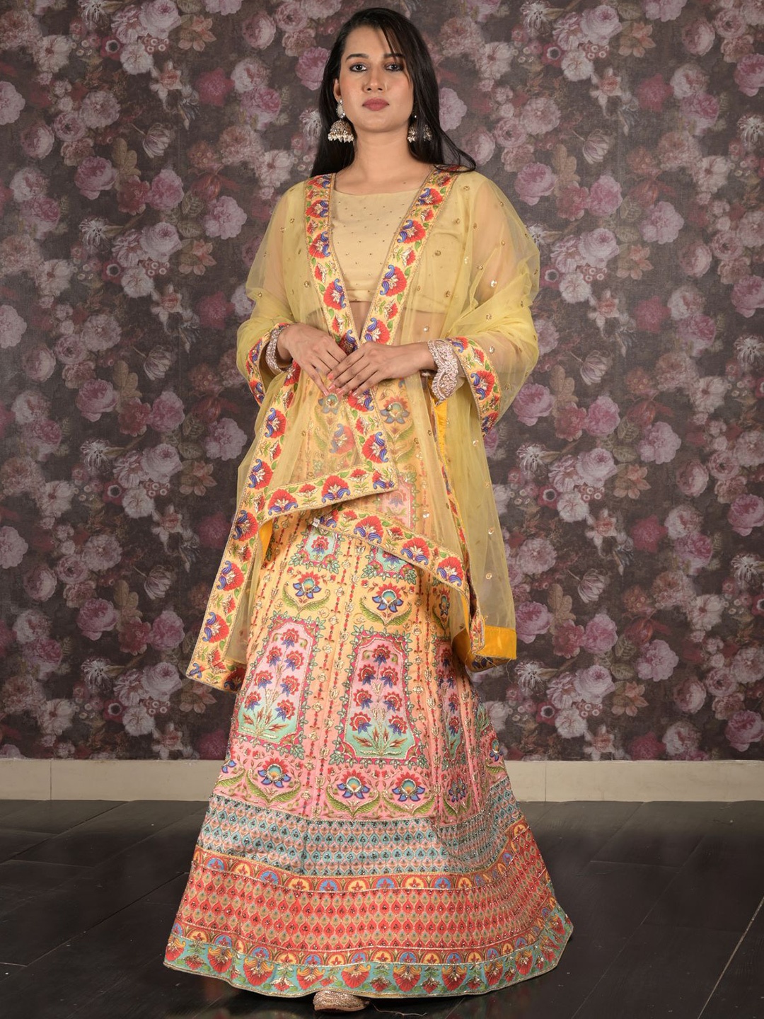 

ODETTE Printed Thread Work Semi-Stitched Lehenga & Unstitched Blouse With Dupatta, Yellow