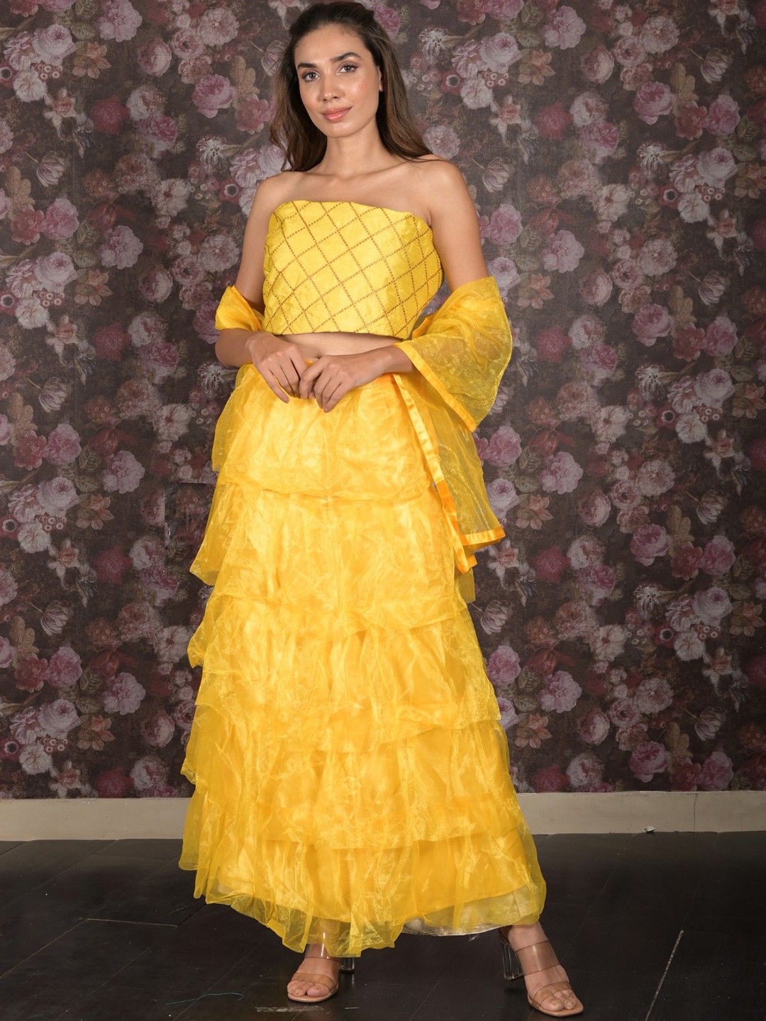 

ODETTE Embellished Semi-Stitched Lehenga & Unstitched Blouse With Dupatta, Yellow