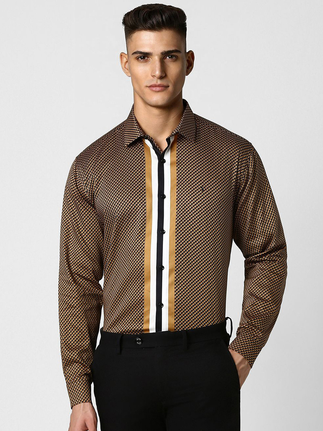 

V Dot Slim Fit Opaque Printed Cotton Party Shirt, Brown