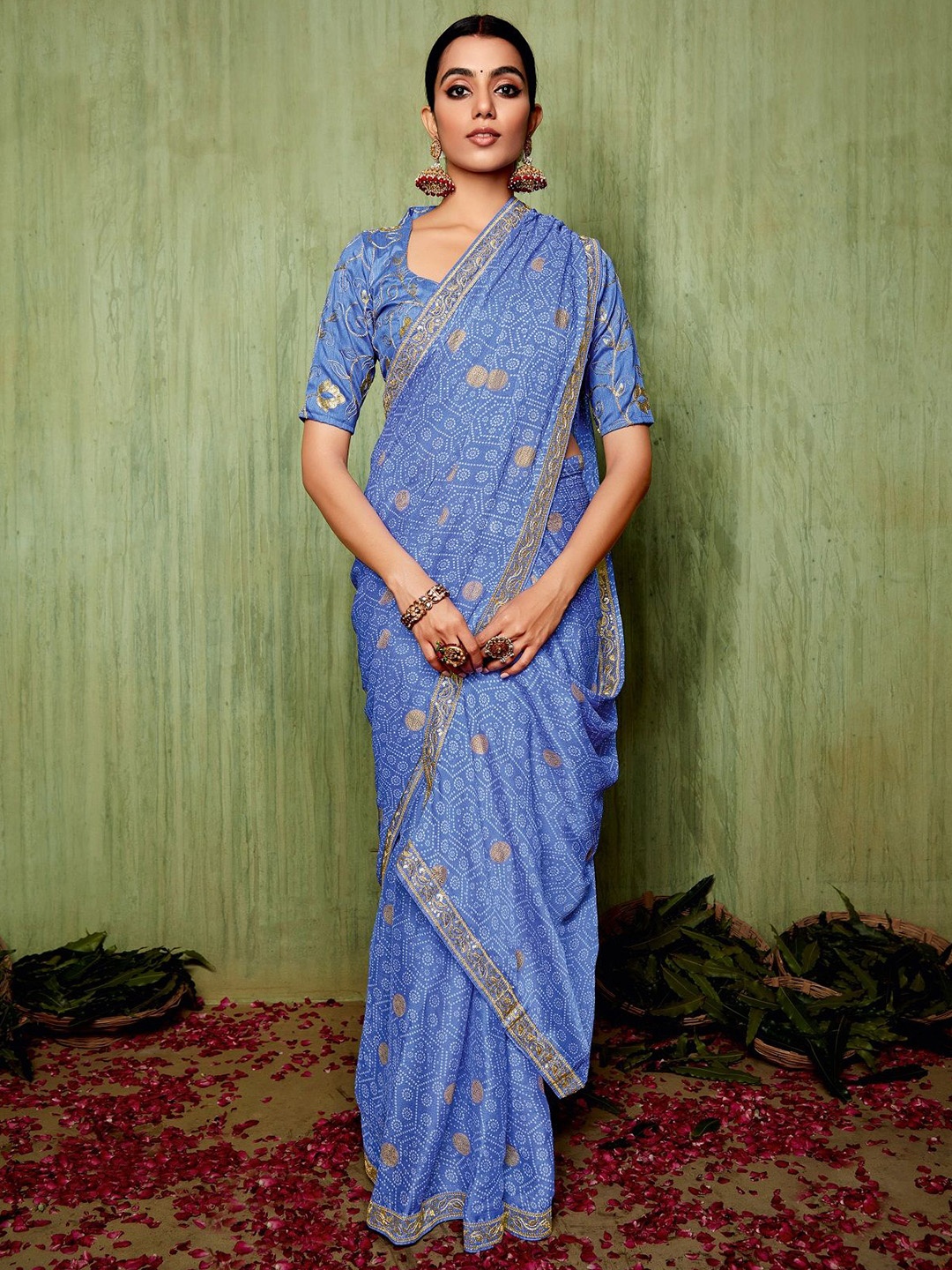 

Panzora Bandhani Printed Sequinned Saree, Blue