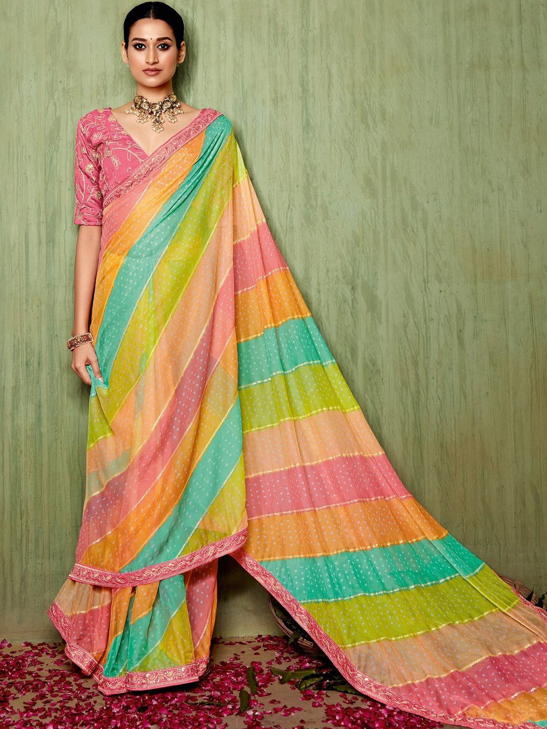 

Panzora Sequinned Bandhani Saree With Blouse Piece, Pink