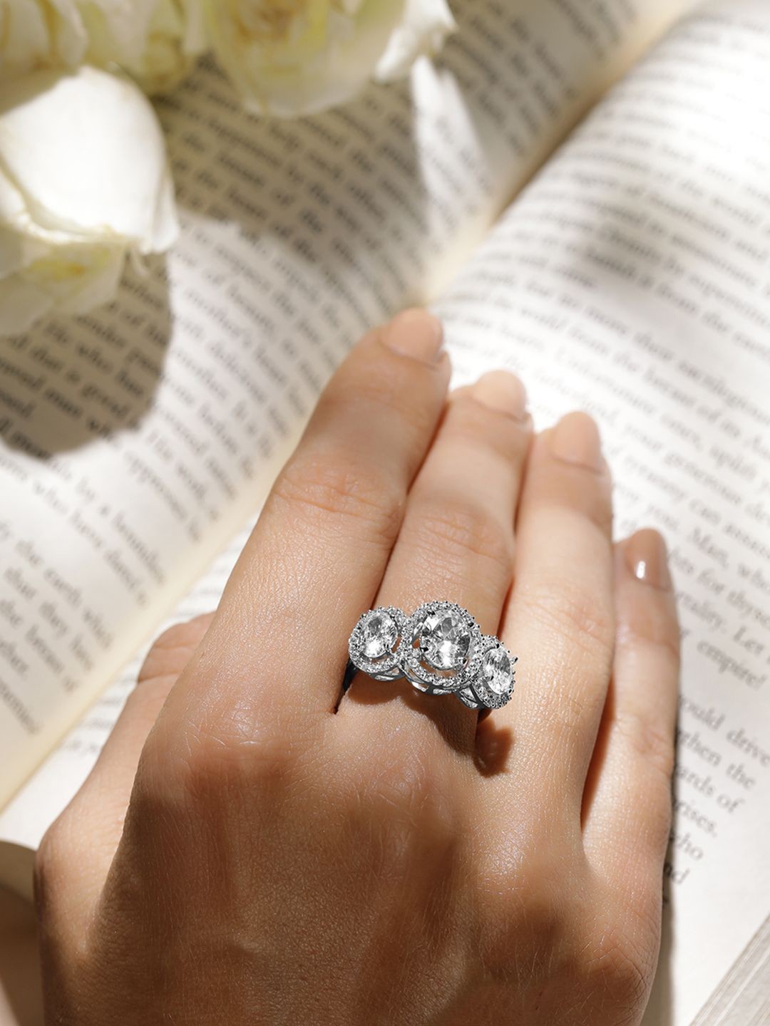 

Rubans Premium Rhodium Plated Adjustable Ring with Triple Oval Zirconia Studded Design, Silver