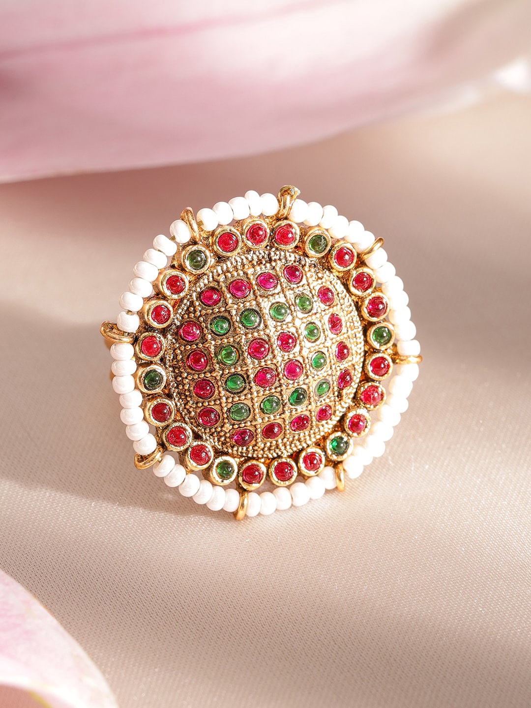 

Rubans 22KT Gold Plated Stone Studded White Beaded Adjustable Finger Ring