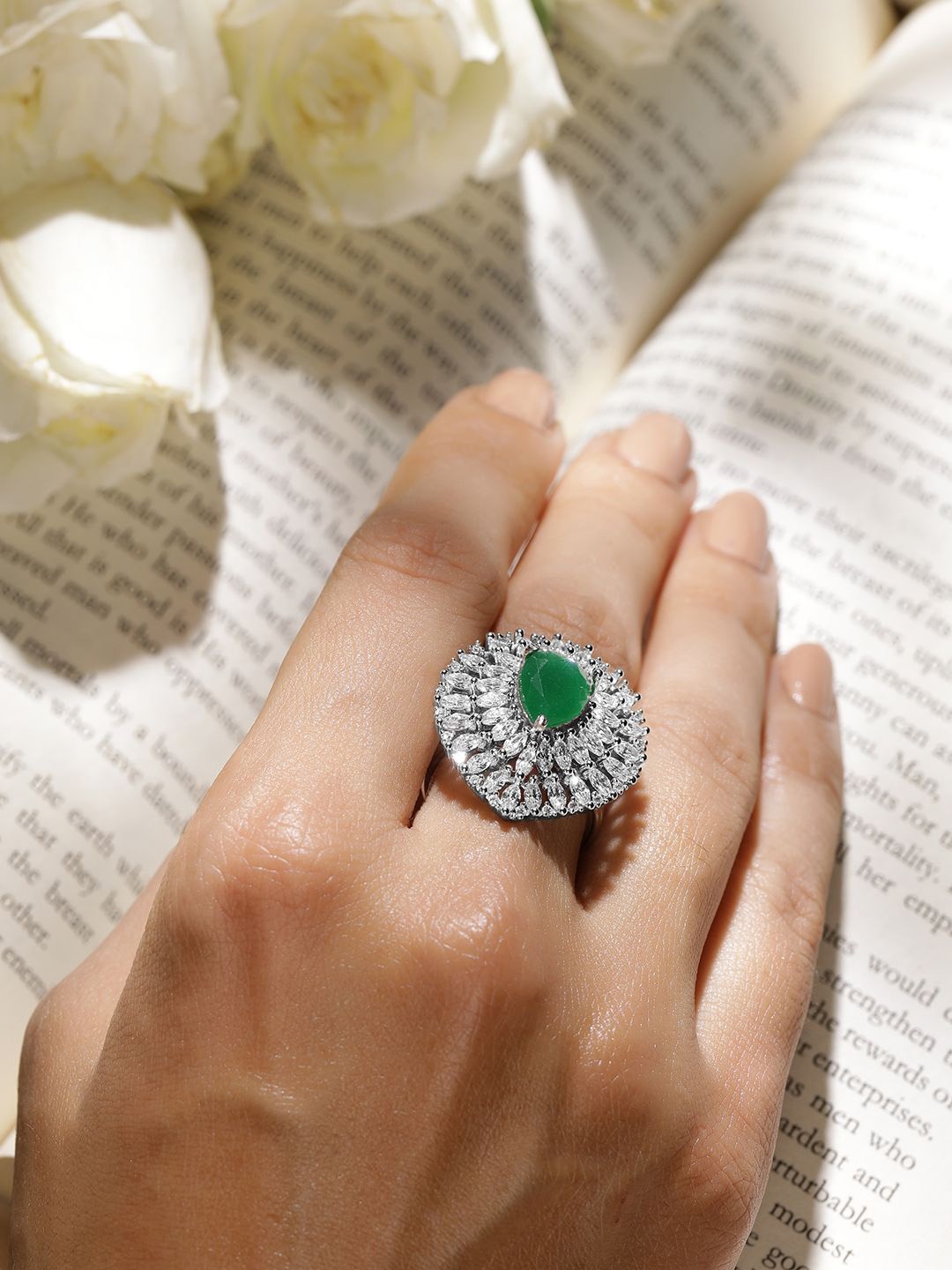 

Rubans Rhodium Plated High Quality AD & Emerald Stone Studded Finger Ring, Silver