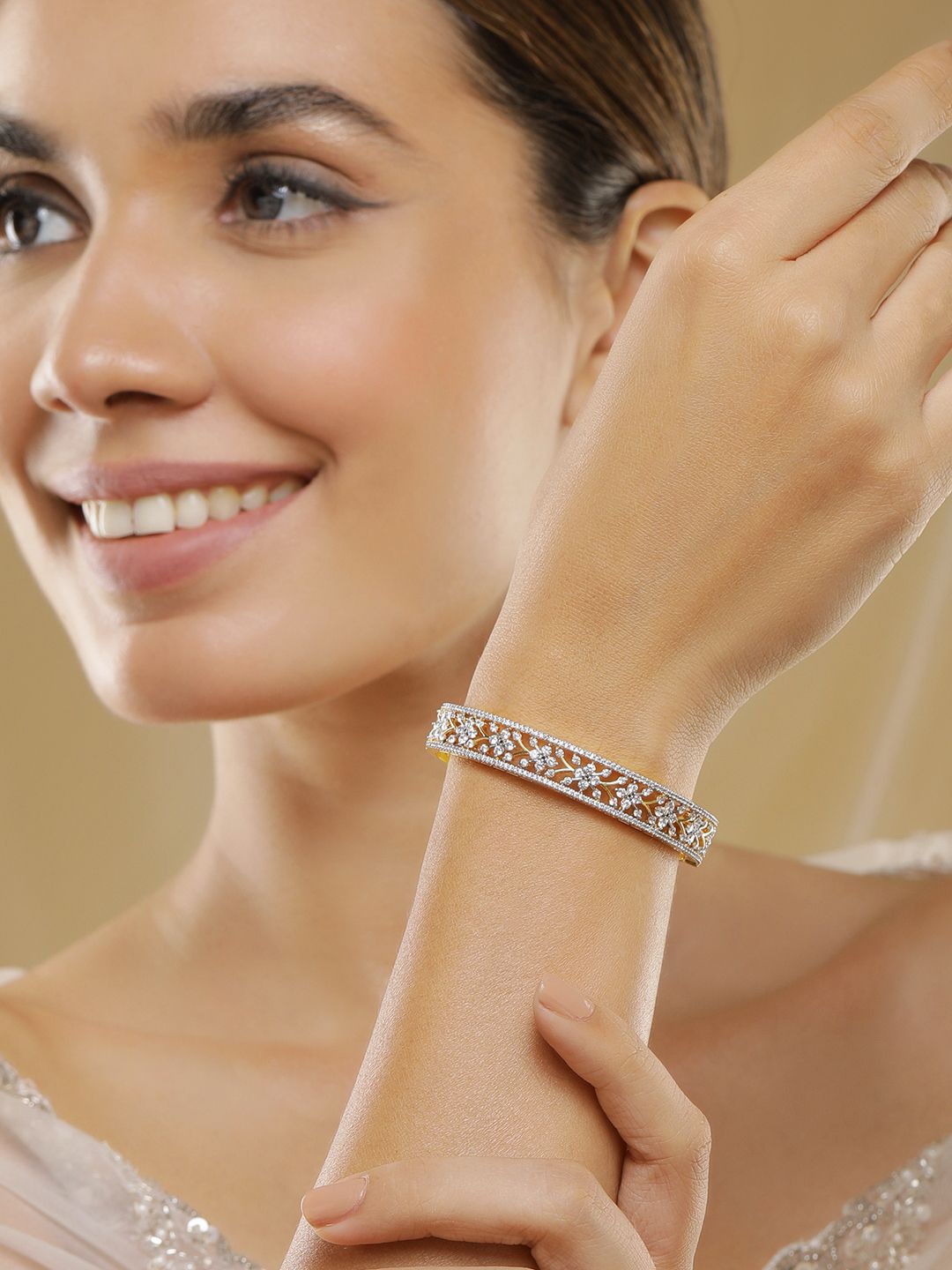 

Rubans 22KT Gold-Plated Cubic Zirconia Studded Bangle-Style Bracelet