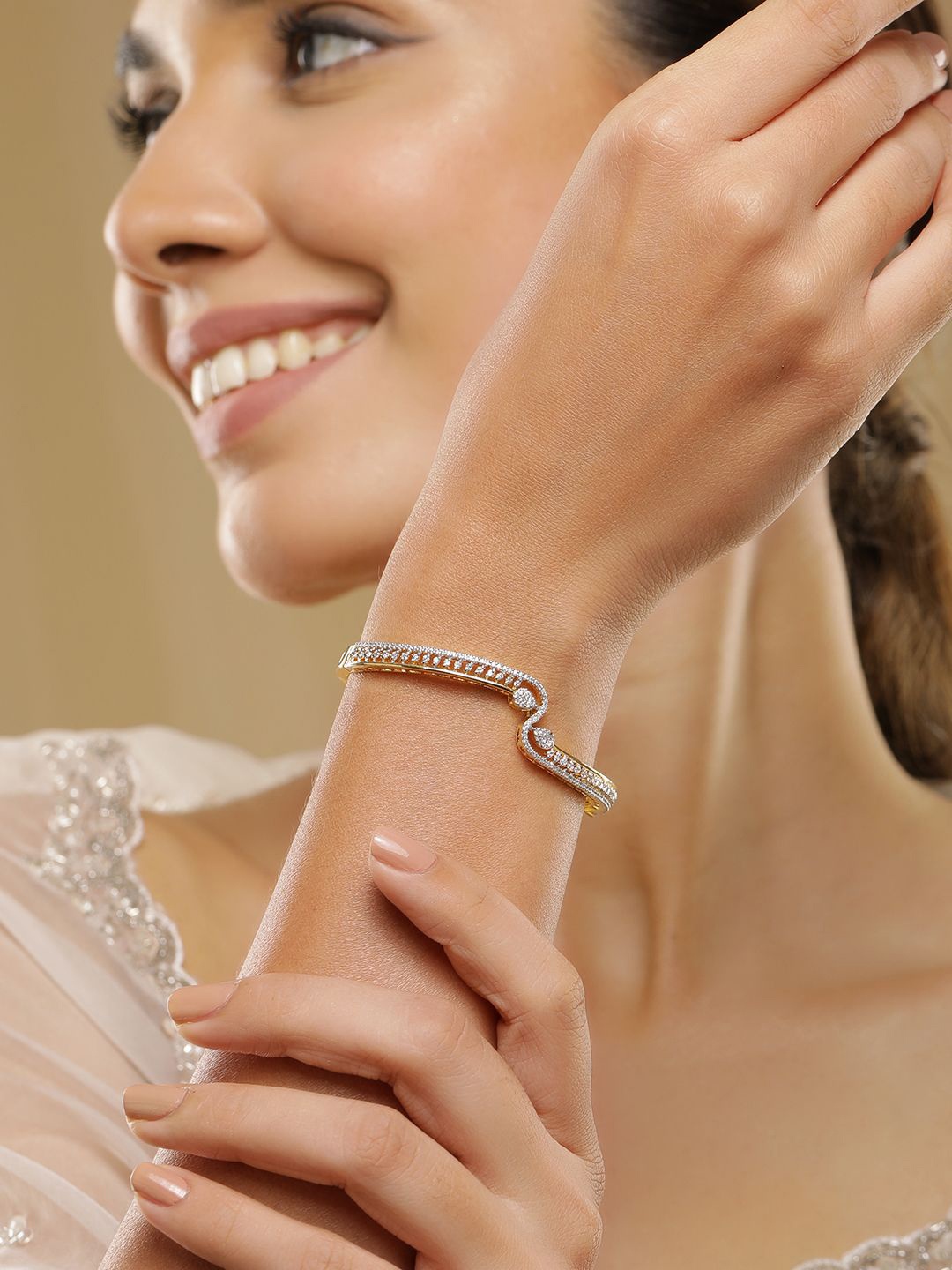 

Rubans 22KT Gold-Plated Cubic Zirconia Studded Bangle-Style Bracelet