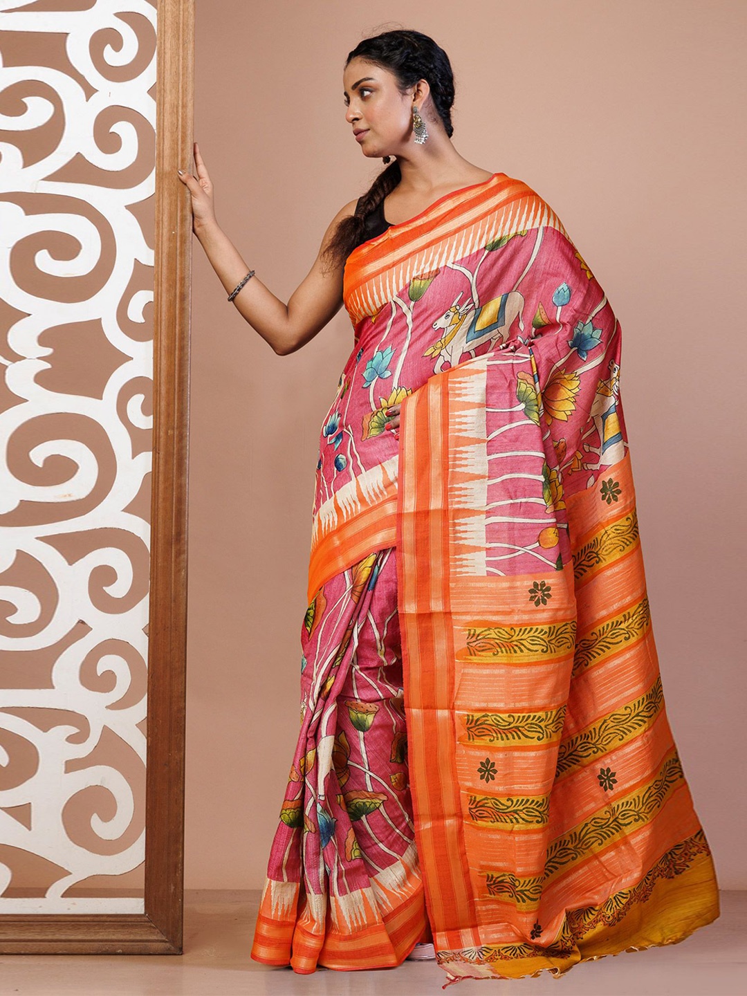 

Unnati Silks Ethnic Motifs Pure Silk Handloom Tussar Saree, Pink