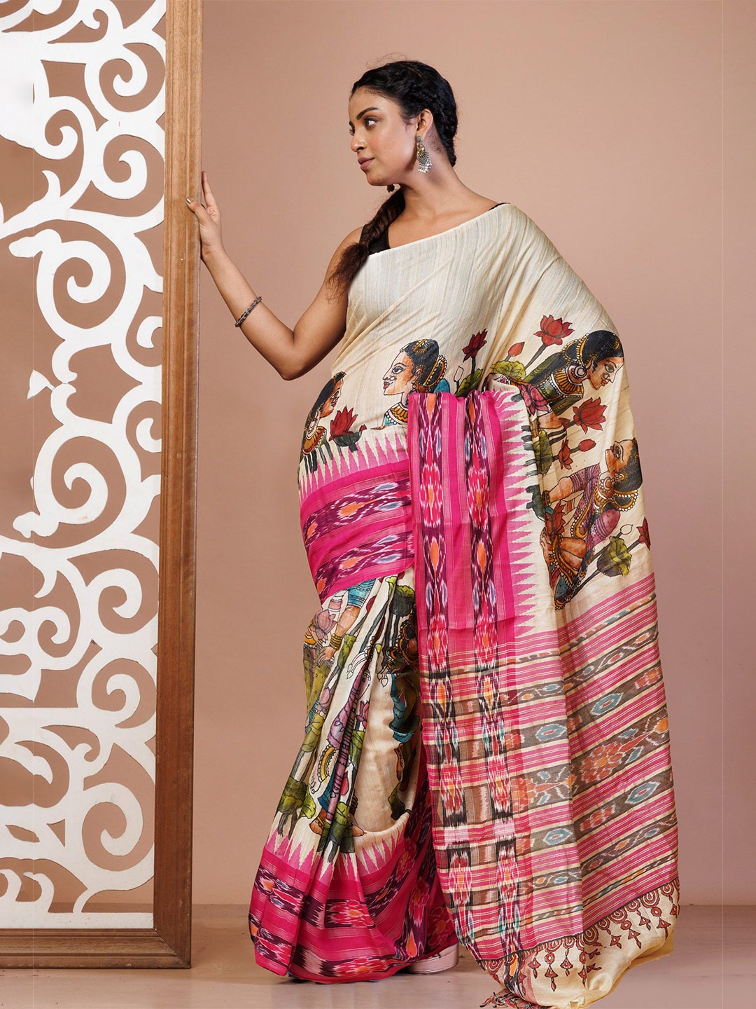 

Unnati Silks Ethnic Motifs Zari Pure Silk Handloom Tussar Saree, Cream