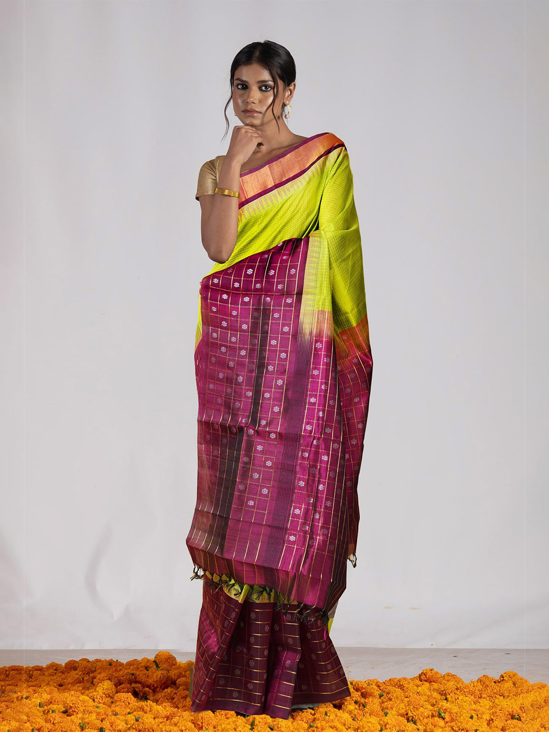 

Unnati Silks Woven Design Zari Pure Silk Handloom Saree, Lime green