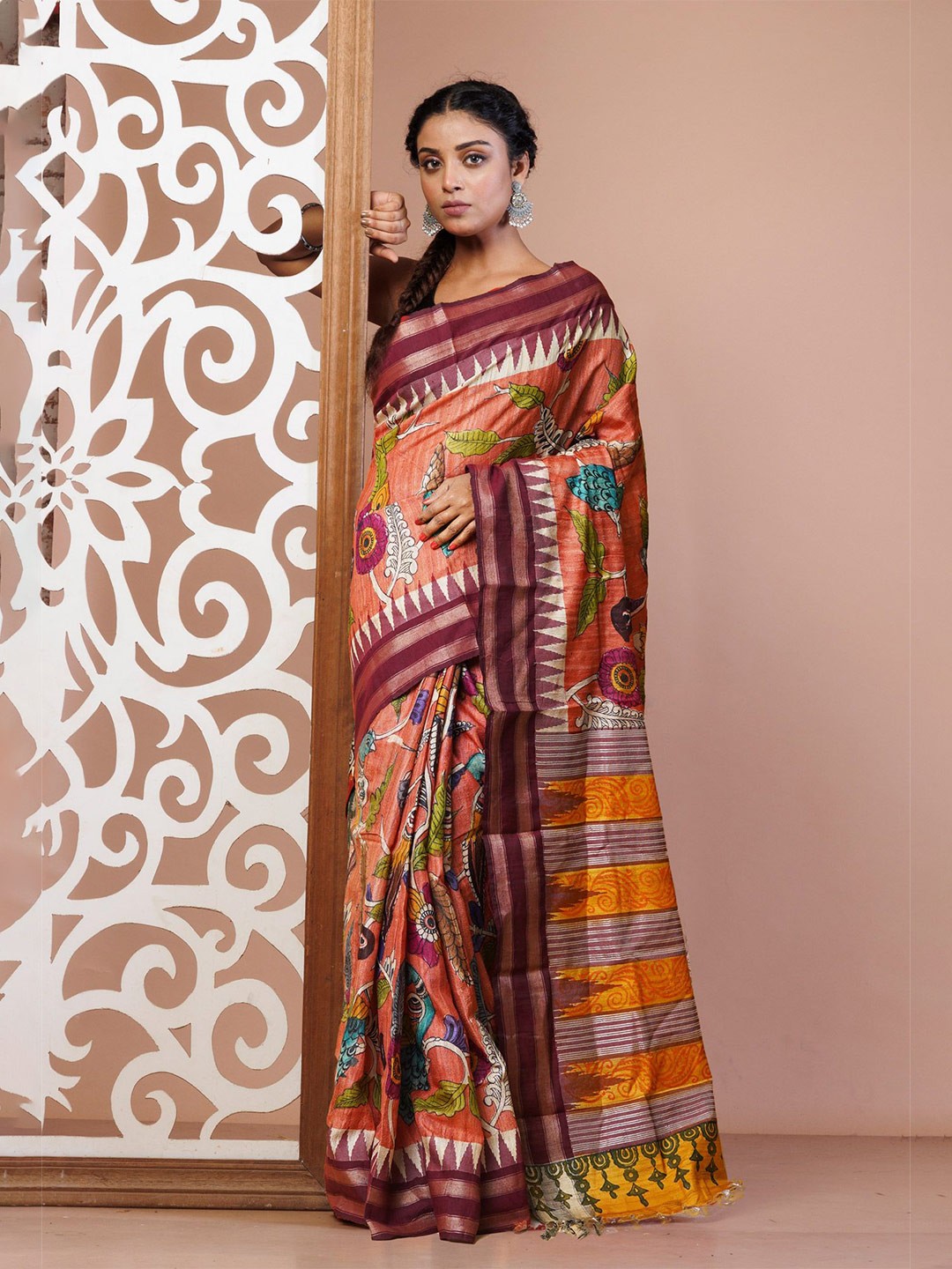 

Unnati Silks Ethnic Motifs Zari Pure Silk Handloom Tussar Saree, Peach