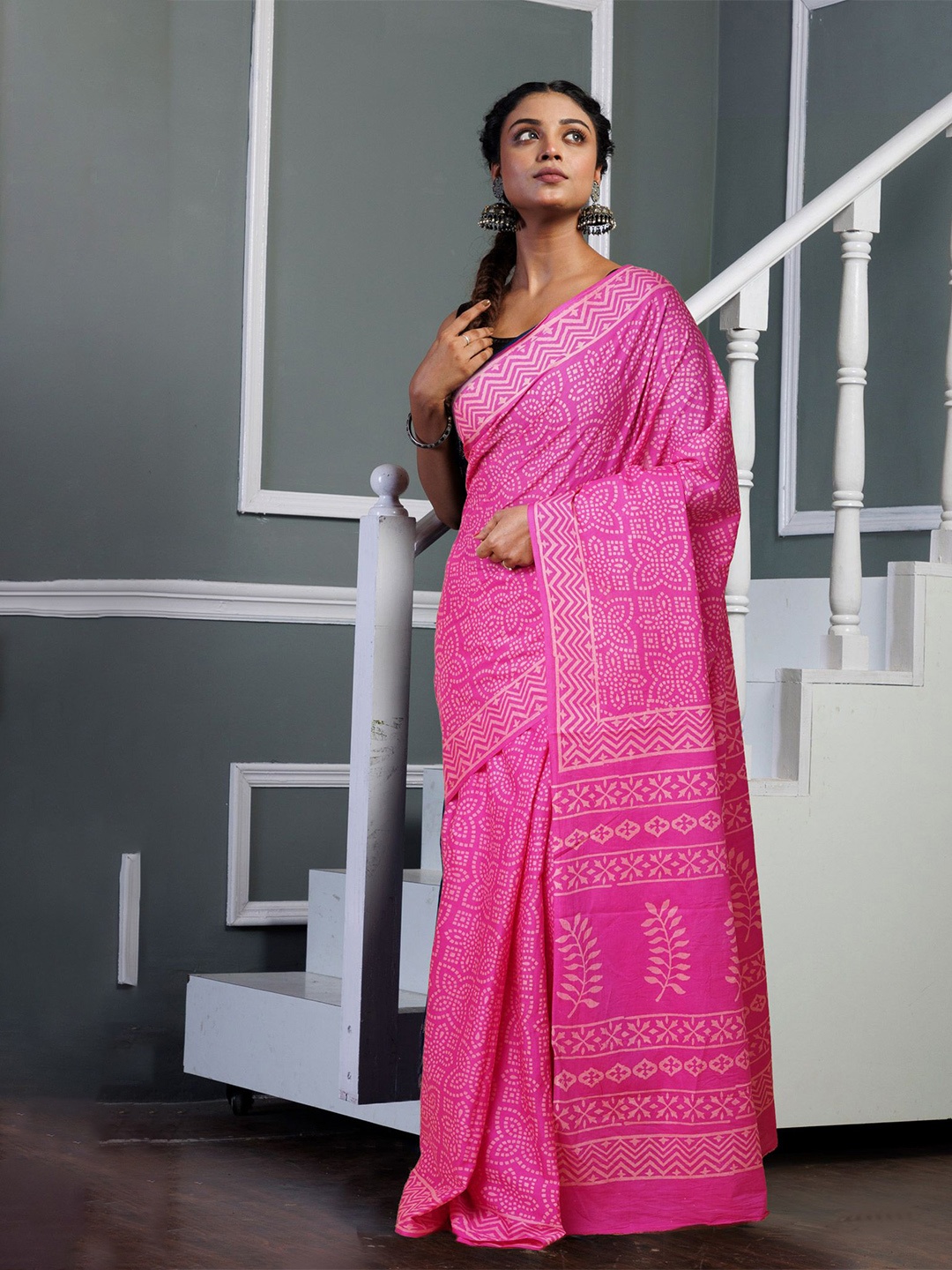 

Unnati Silks Ethnic Motifs Pure Cotton Handloom Block Print Saree, Pink