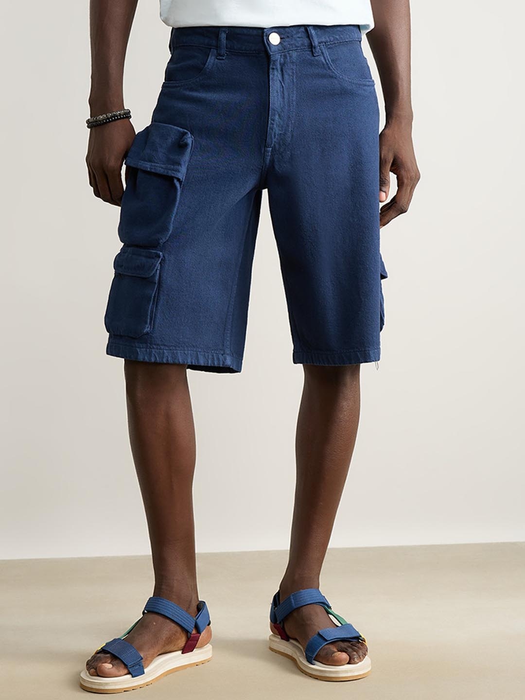 

FREAKINS Men High-Rise Pure Cotton Cargo Casual Denim Shorts, Blue
