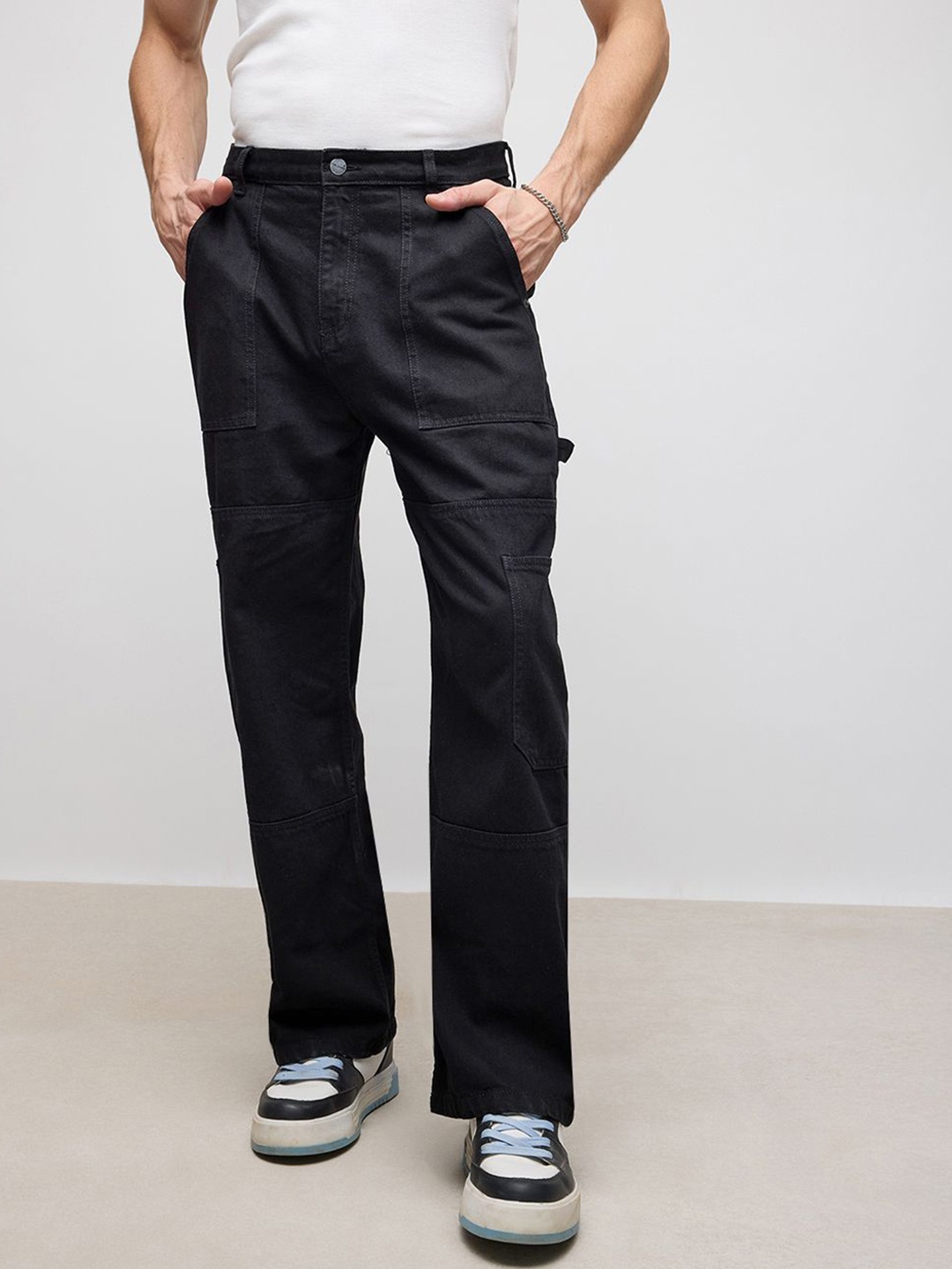 

FREAKINS NOIR POCKET Men Black Straight Fit High-Rise Pure Cotton Cargo Jeans