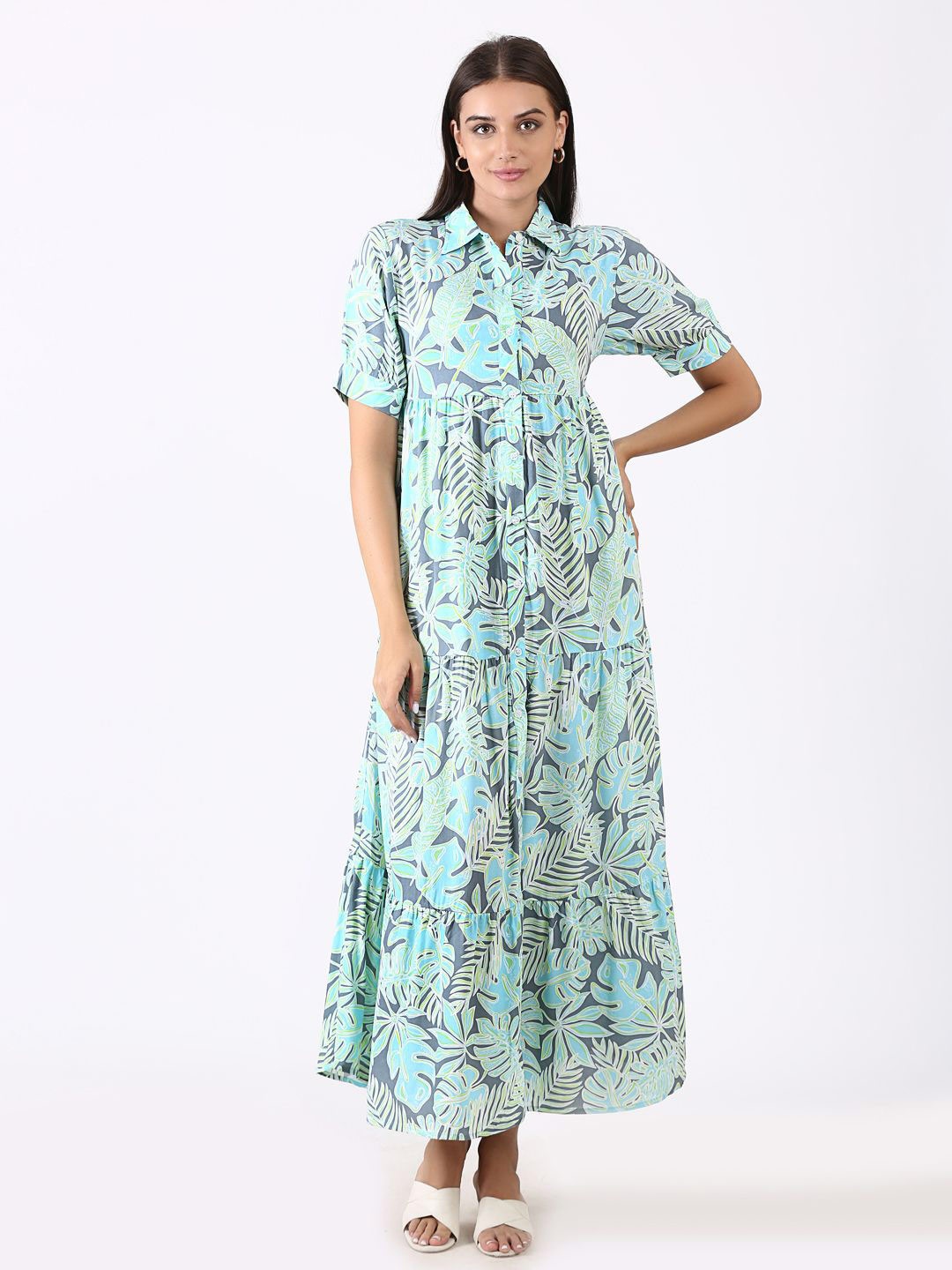 

BAESD Floral Print Shirt Collar Gathered Cotton Maxi Dress, Turquoise blue