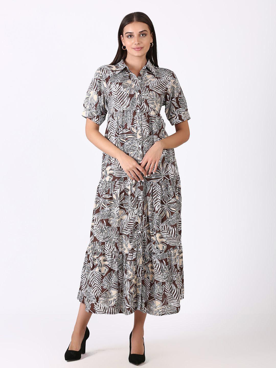 

BAESD Floral Printed Short Sleeves Pure Cotton Shirt Midi Dress, Brown