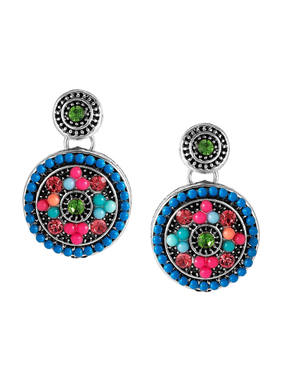 

Rubans Voguish Rhodium-Plated Stones Studded Oxidised Circular Drop Earrings, Silver