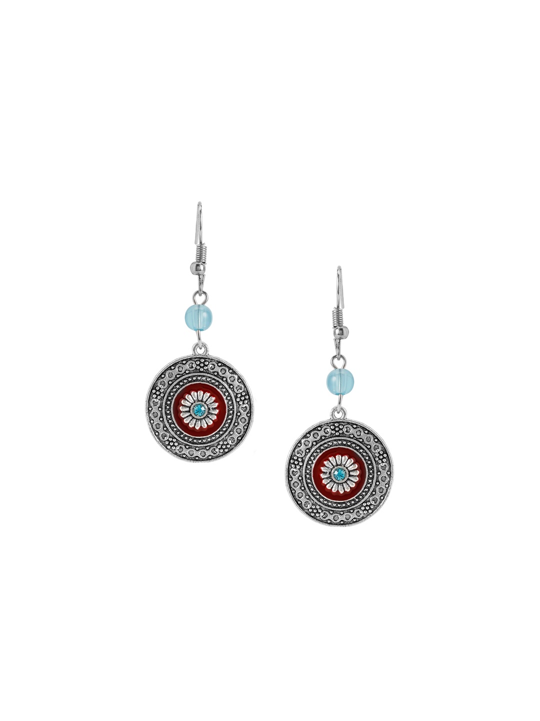 

Rubans Voguish Rhodium-Plated Stones Studded Oxidised Circular Drop Earrings, Silver
