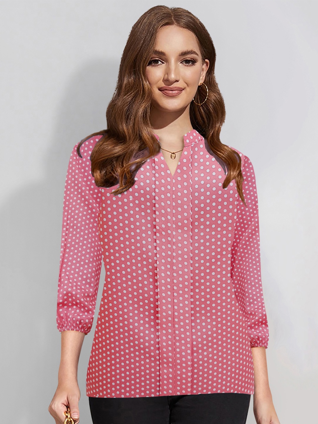 

BAESD Polka Dot Print Mandarin Collar Top, Pink