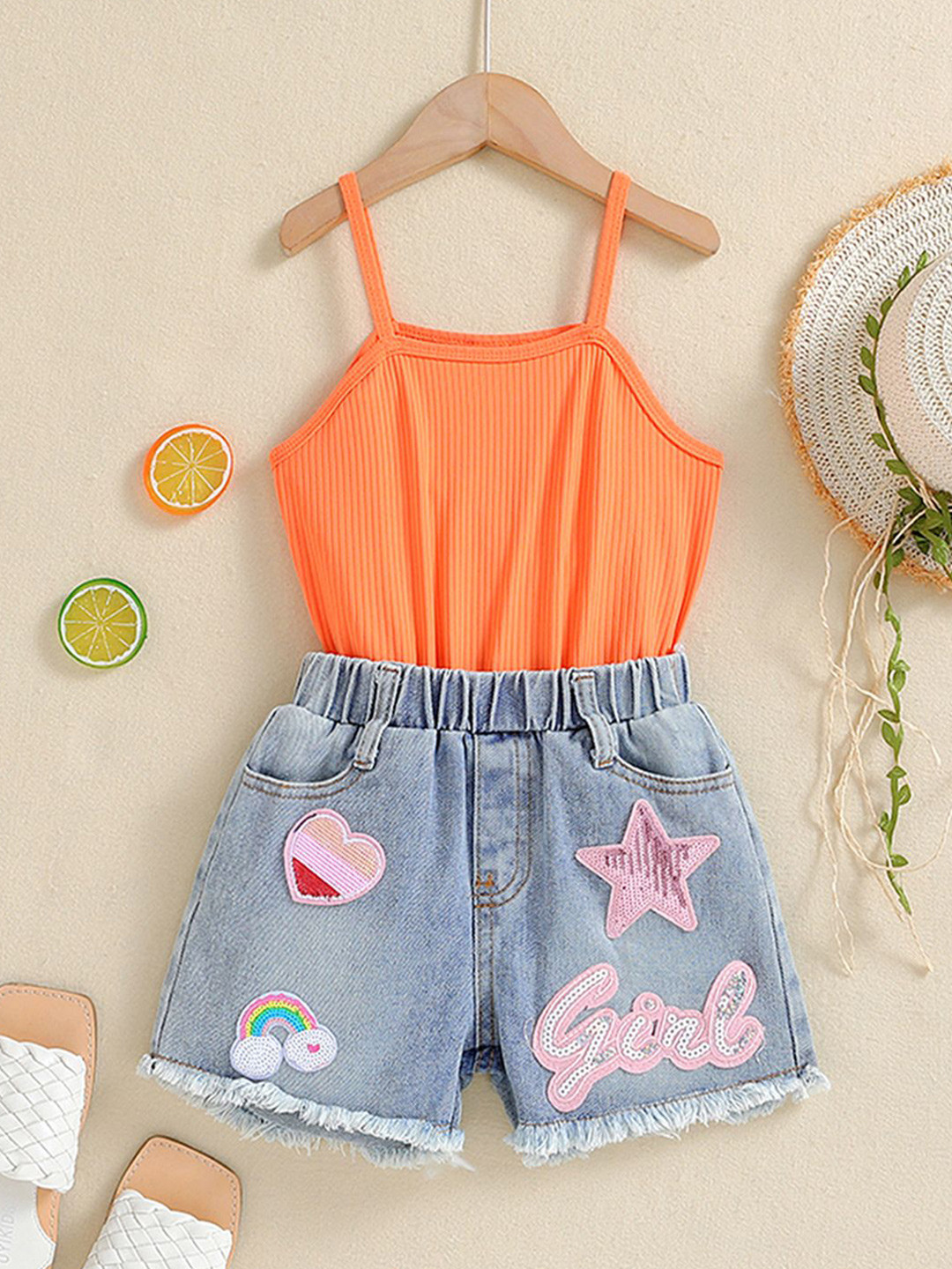 

INCLUD Girls Striped Embellished Shoulder Straps Top With Short, Orange