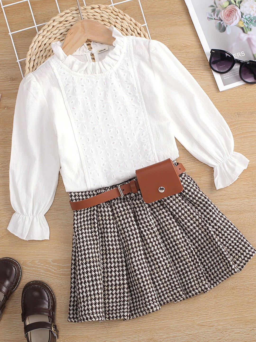

INCLUD Girls Self Design Top With Skirt, White