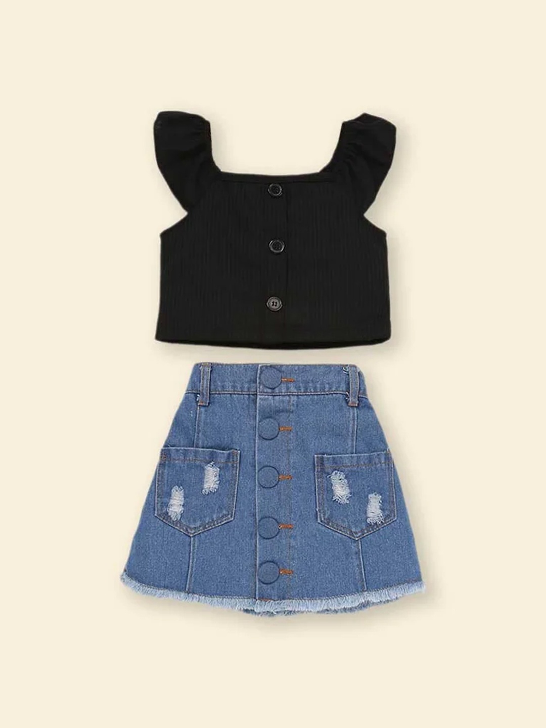 

INCLUD Girls Self Design Square Neck Top With Denim Skirt, Black