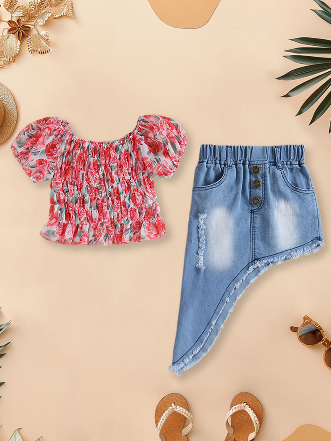 

INCLUD Girls Printed Top with Skirt, Red