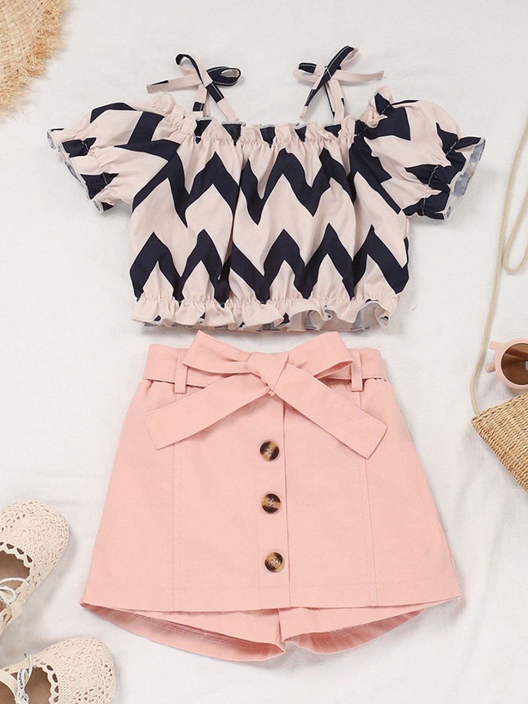 

INCLUD Girls Printed Off-Shoulder Top With Short, Pink
