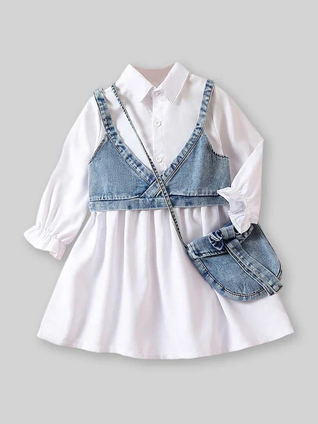 

INCLUD Girls Shirt Collar Puff Sleeves Maxi Dress with Denim Vest & Sling Bag, White