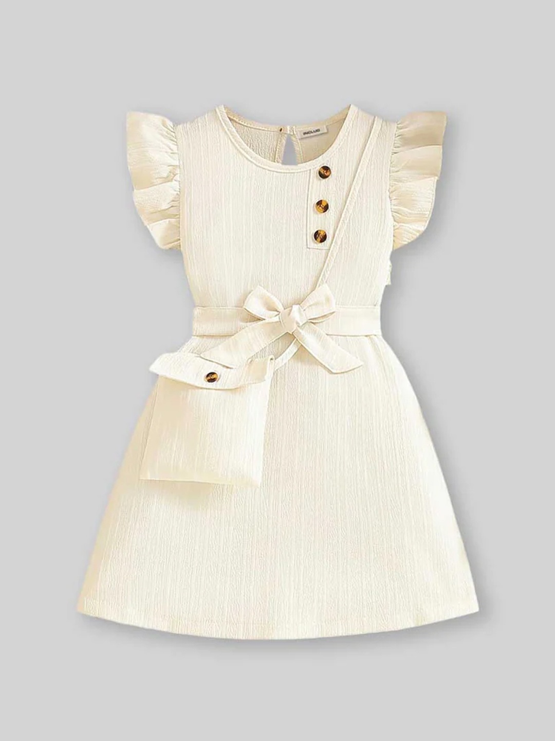

INCLUD Girls Self Design Flutter Sleeves Bow Detailing Fit & Flare Dress, Beige