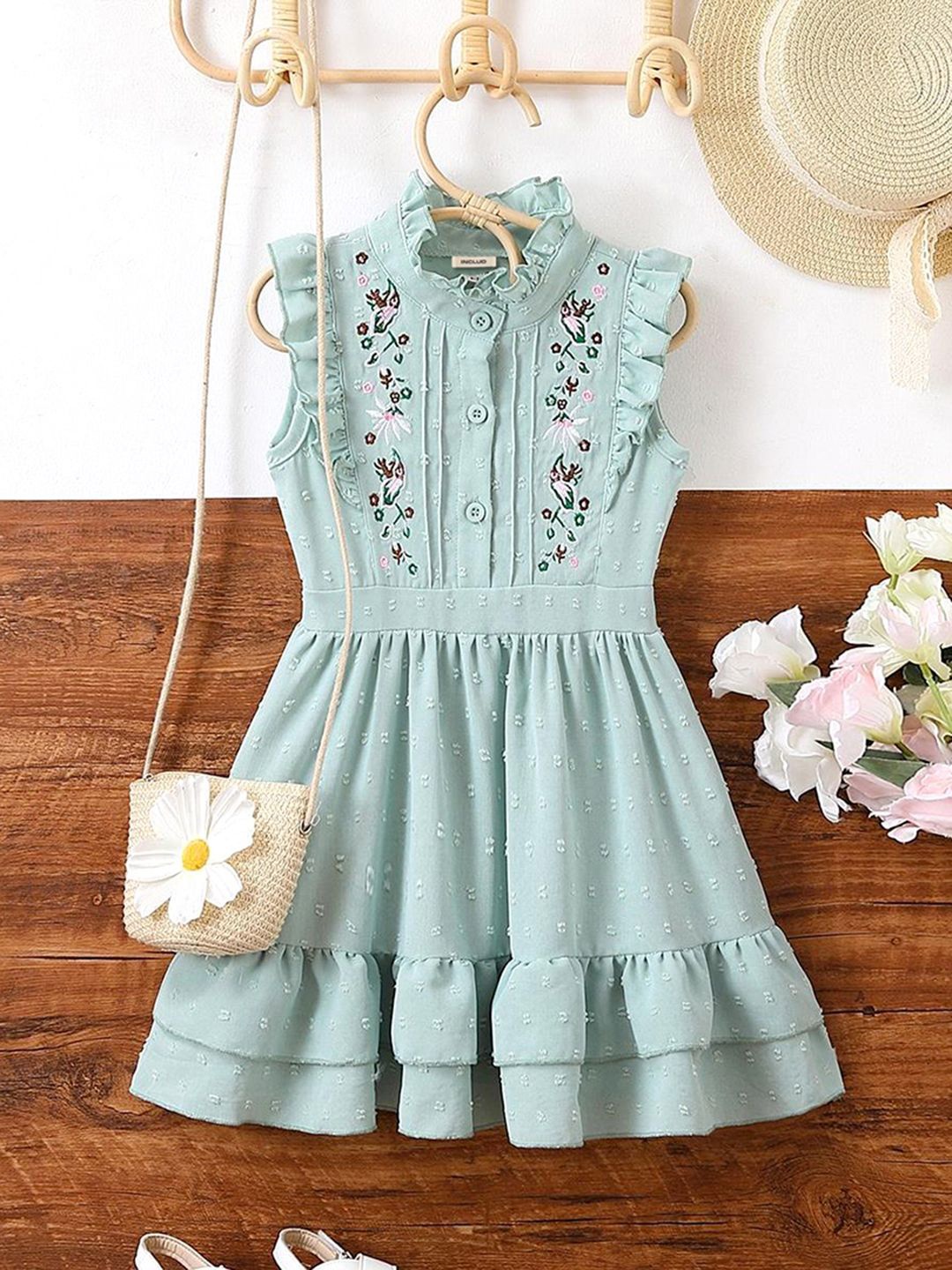 

INCLUD Girls Floral Embroidered Mandarin Collar Layered Fit and Flare Dress, Sea green