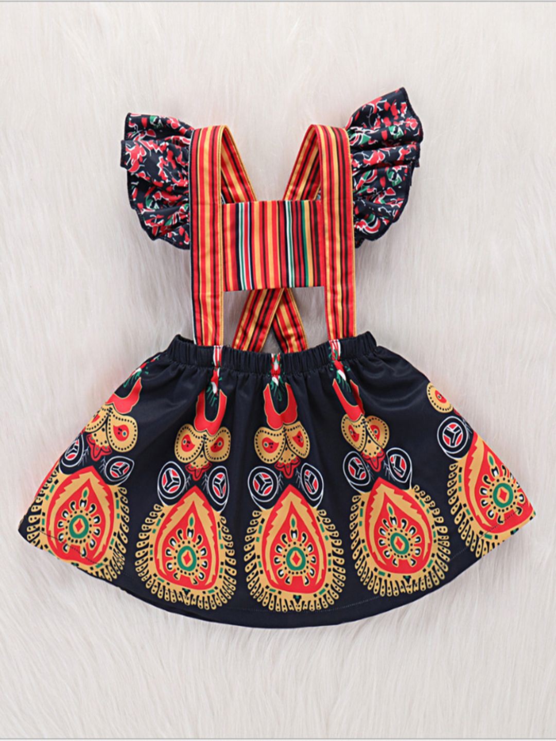 

INCLUD Girls Ethnic Motifs Printed Square Neck Flutter Sleeves Cut-Outs Fit & Flare Dress, Black