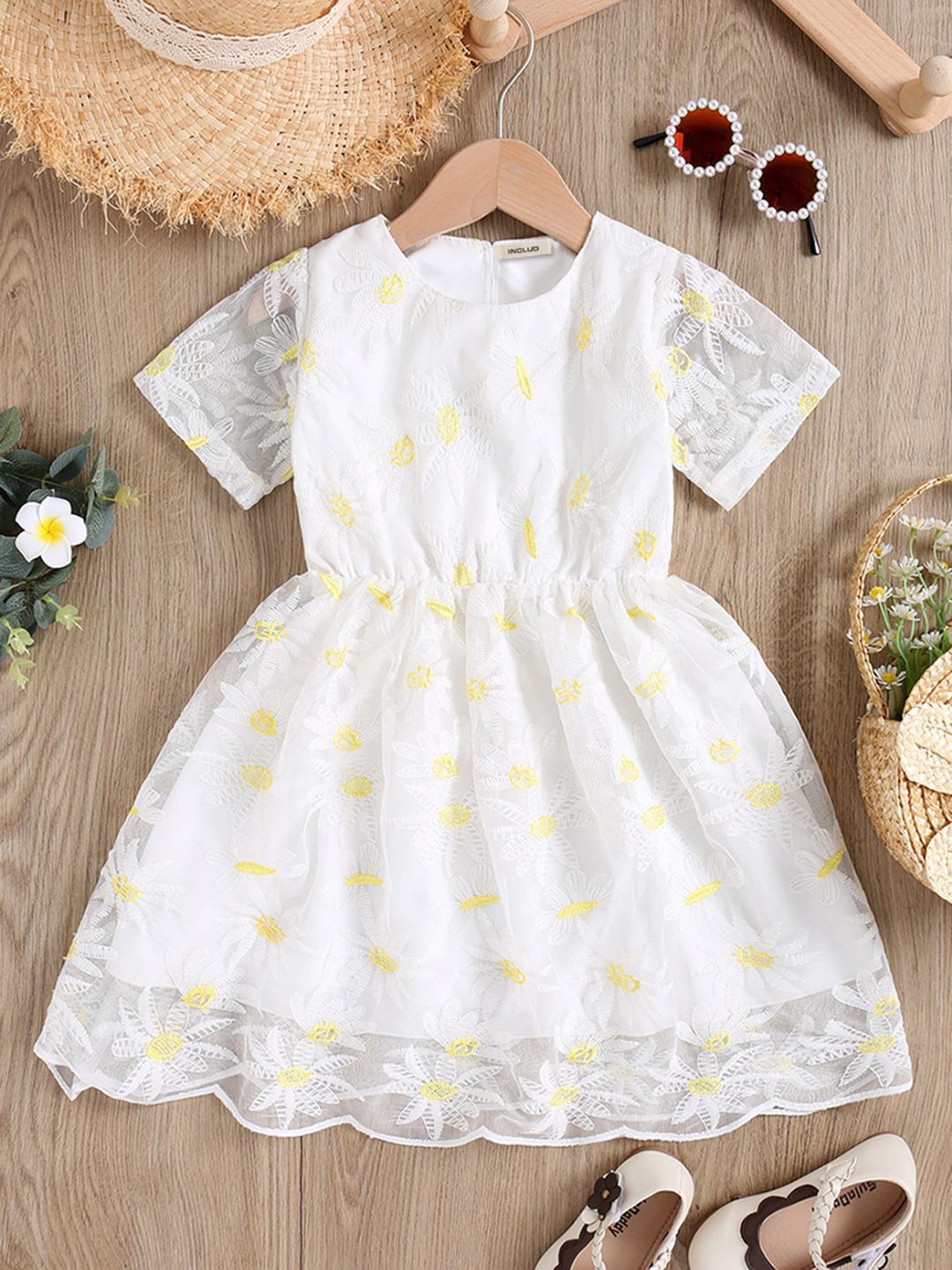 

INCLUD Girls Floral Embroidered Lace-Up Gathered Fit & Flare Dress, White