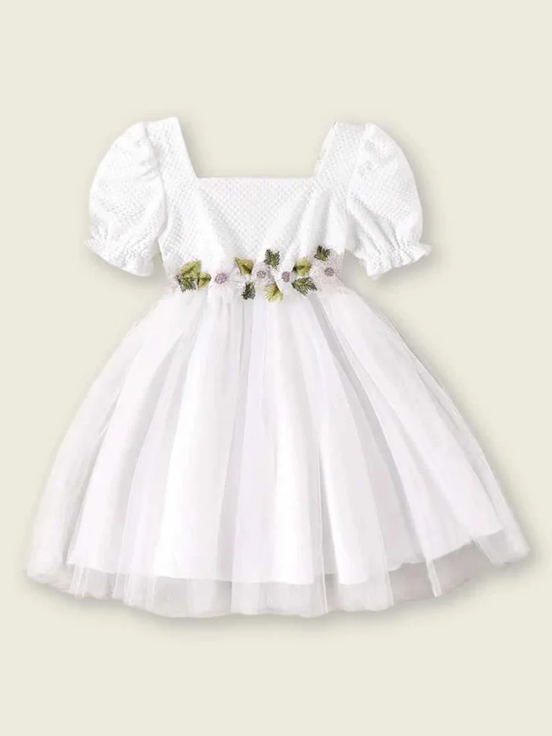 

INCLUD Girls Floral Embroidered Square Neck Puff Sleeves Fit & Flare Dress, White